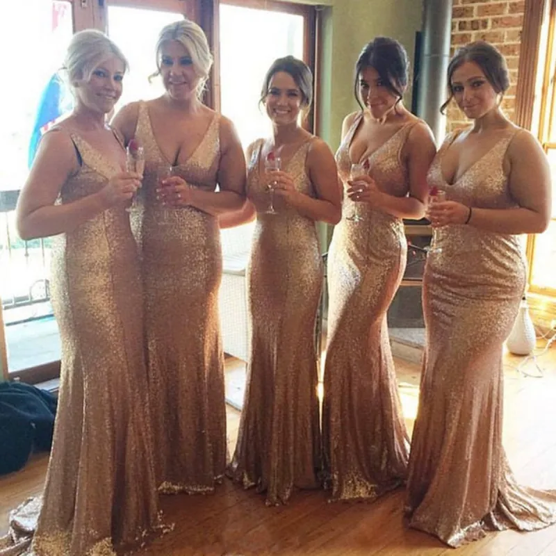 Long Sleeveless V Neck Sequin Rose Gold Bridesmaid Dresses with Train sold by My Chic Dress