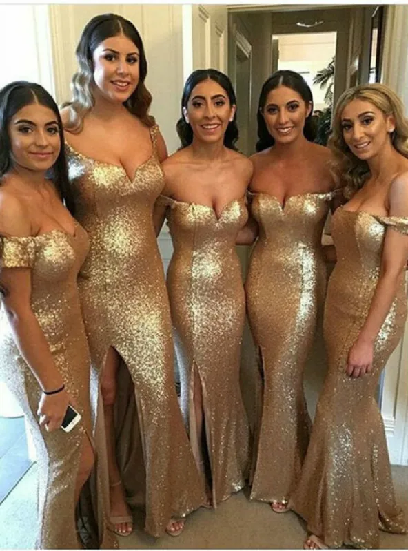 Hot Off the Shoulder Mermaid Gold Sequin Bridesmaid Dresses with Split sold by My Chic Dress