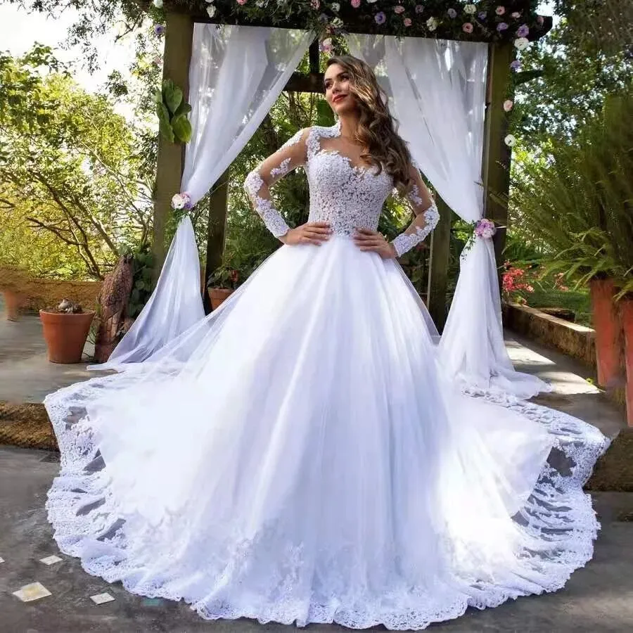 Ball Gown Modest Wedding Dresses with Sleeves Appliques Crystals Long Train sold by My Chic Dress