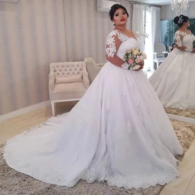 Elegant Lace Long Sleeves Wedding Dresses Plus Size Appliuqes Ball Gowns sold by My Chic Dress