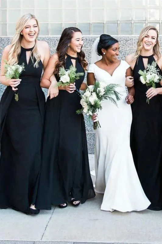 Floor Length Long Black Bridesmaid Dresses Halter Wedding Guest Dress sold by My Chic Dress
