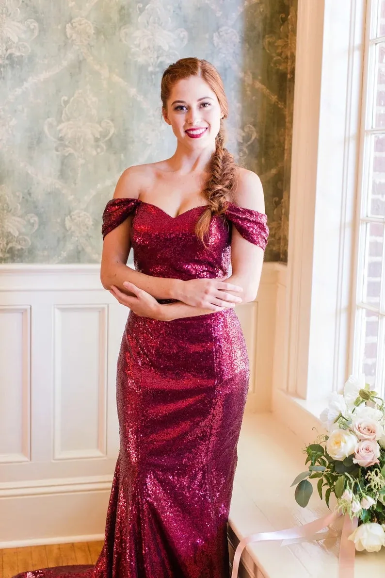 Off the Shoulder Burgundy Sequin Prom Dresses Long Wedding Guest Dress sold by My Chic Dress product image thumbnail 2