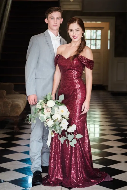 Off the Shoulder Burgundy Sequin Prom Dresses Long Wedding Guest Dress sold by My Chic Dress