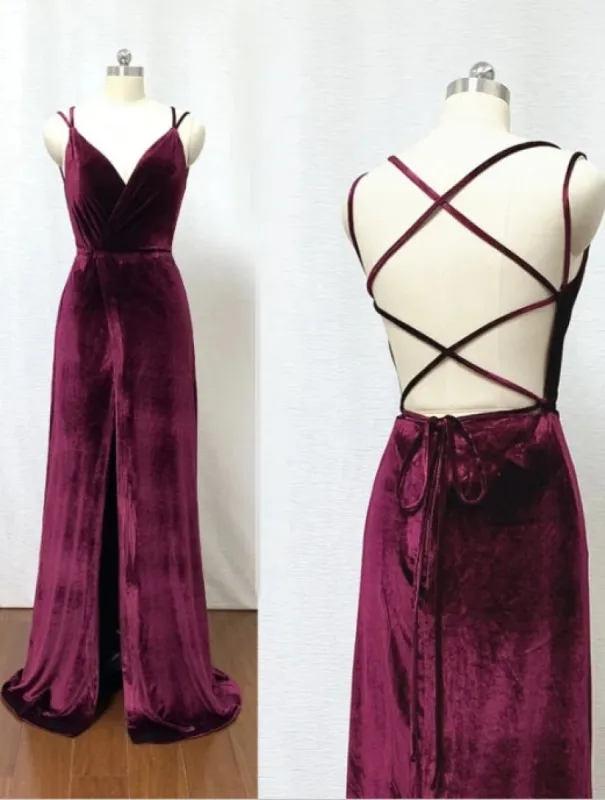 Hot Sheath Velvet Prom Dresses Burgundy Wedding Guest Dress with Split sold by My Chic Dress