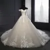 Custom Made A Line Long Tulle Lace Ivory Wedding Dresses with Train sold by My Chic Dress
