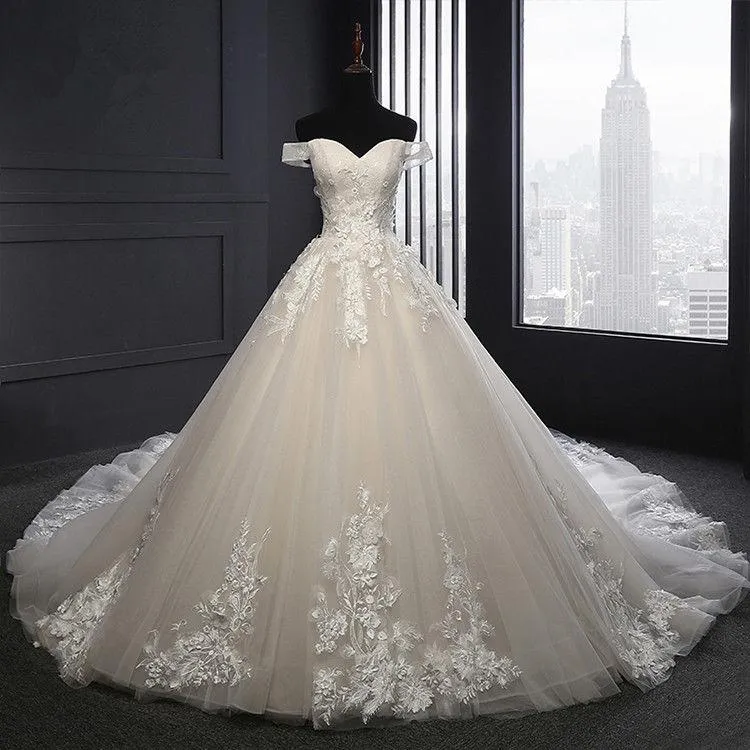 Custom Made A Line Long Tulle Lace Ivory Wedding Dresses with Train sold by My Chic Dress product image thumbnail 2