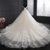 Custom Made A Line Long Tulle Lace Ivory Wedding Dresses with Train sold by My Chic Dress