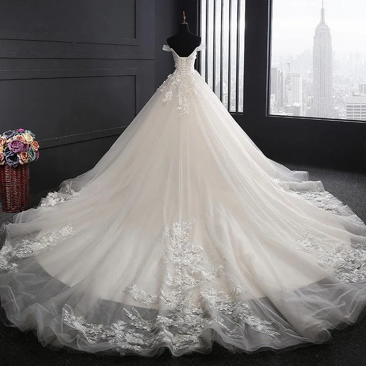 Custom Made A Line Long Tulle Lace Ivory Wedding Dresses with Train sold by My Chic Dress