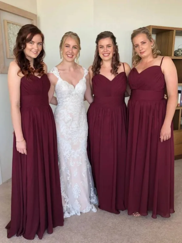 Floor-length Long Chiffon Spaghetti Straps Burgundy Bridesmaid Dresses sold by My Chic Dress