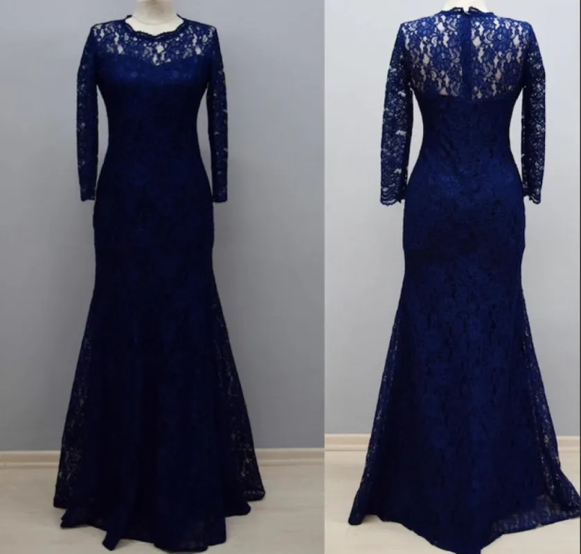 Floor Length Sheath Navy Blue Lace Long Sleeves Bridesmaid Dress Winter Party Dress sold by My Chic Dress