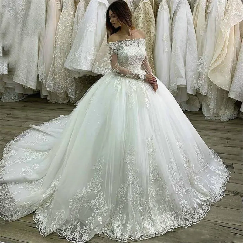 Princess Long Sleeves Off the Shoulder Lace Ball Gown Wedding Dresses sold by My Chic Dress