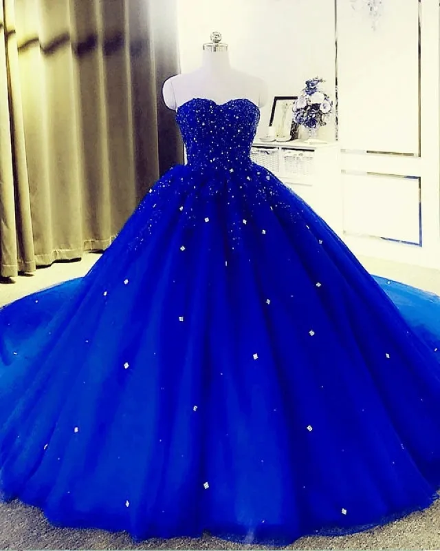 2025 Crystals Royal Blue Prom Dresses Ball Gown Beaded Sweetheart Quinceanera Dresses sold by My Chic Dress