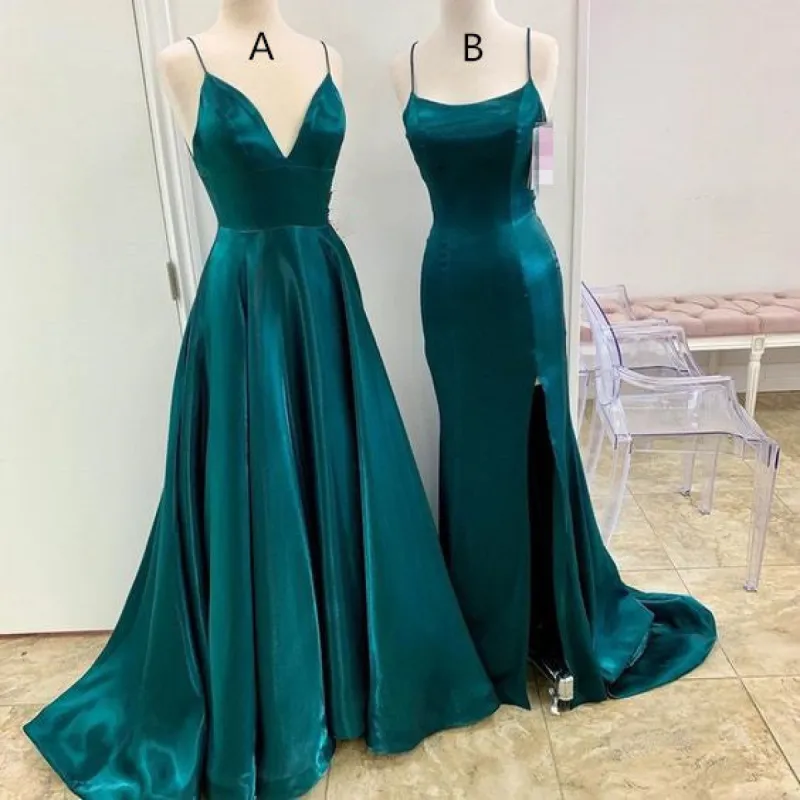 A Line Long Satin Emerald Green Prom Dresses 2025 with Split sold by My Chic Dress