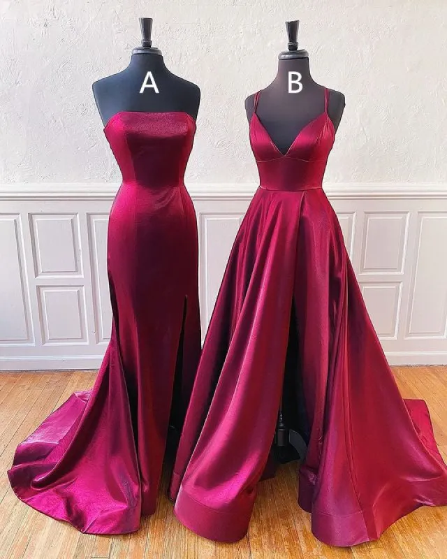Floor Length Long Satin Burgundy Prom Dresses with Split sold by My Chic Dress