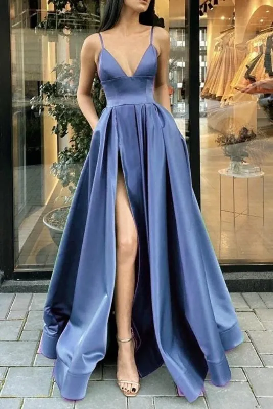A Line V Neck Satin Dusty Blue Prom Dresses Spaghetti Straps with Pockets sold by My Chic Dress