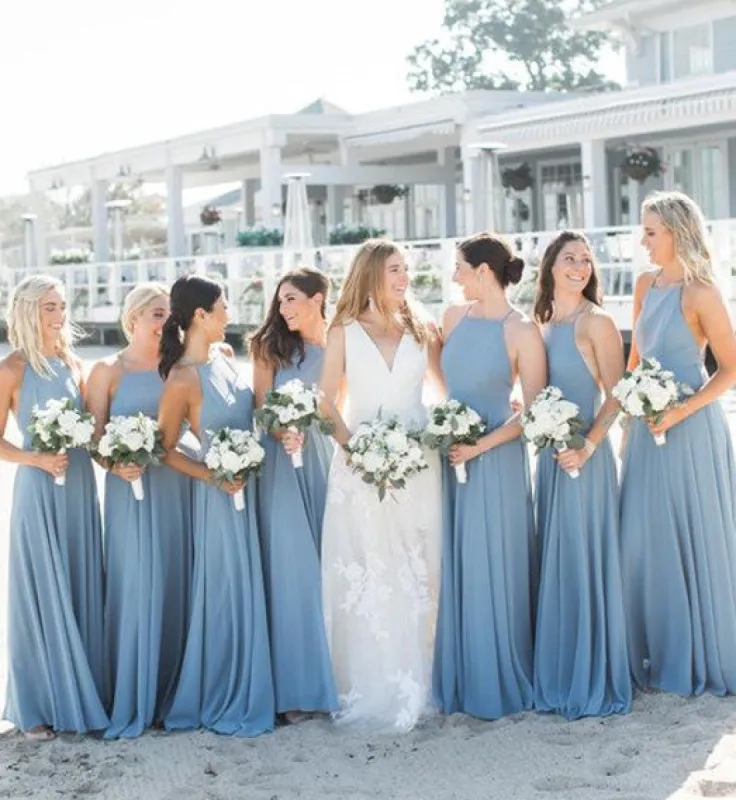 Simple Sheath Ruffles Long Dusty Blue Bridesmaid Dresses under 100 sold by My Chic Dress