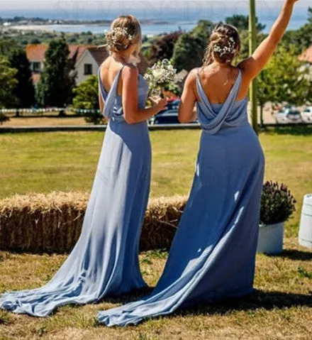 Simple V Neck Chiffon Navy Blue Bridesmaid Dresses Spaghetti Straps sold by My Chic Dress product image thumbnail 3