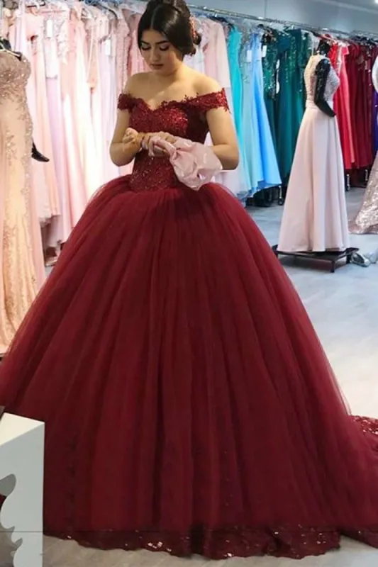 Off Shoulder Tulle V-neck Lace Burgundy Wedding Dresses Ball Gowns sold by My Chic Dress