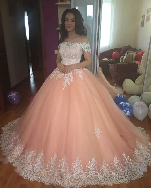 Off The Shoulder Lace Pink Quinceanera Dresses Ball Gown Sweet 16 Dress sold by My Chic Dress