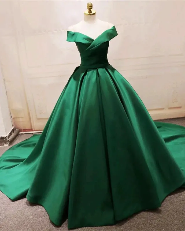 Green Satin Prom Dresses Long Off The Shoulder Ball Gowns Quinceanera Dresses sold by My Chic Dress