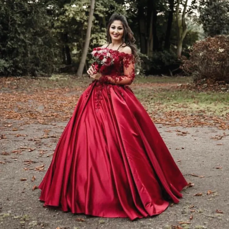 Long Sleeves Ball Gowns Burgundy Wedding Dresses Lace Quinceanera Dresses sold by My Chic Dress