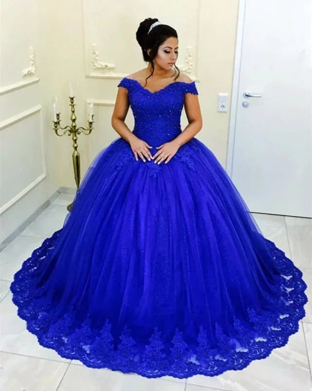 Best Royal Blue Quinceanera Dresses Beaded Lace Off Shoulder Sweet 16 Dress sold by My Chic Dress