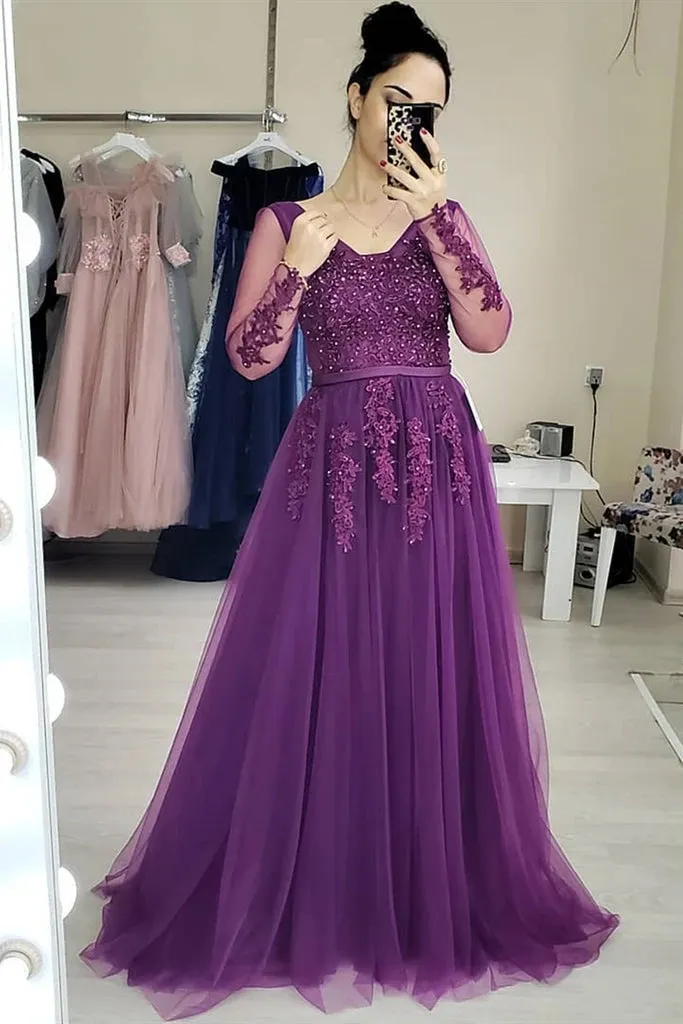 Purple Lace Long Sleeves Prom Dresses Appliques Tulle Evening Gowns sold by My Chic Dress