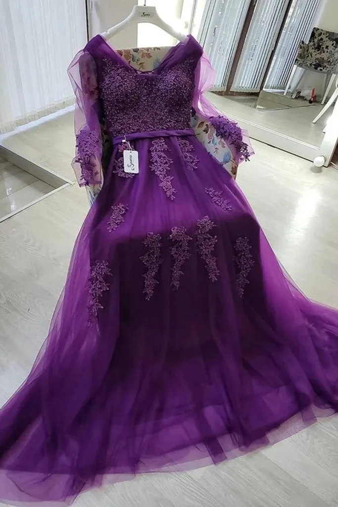 Purple Lace Long Sleeves Prom Dresses Appliques Tulle Evening Gowns sold by My Chic Dress product image thumbnail 2