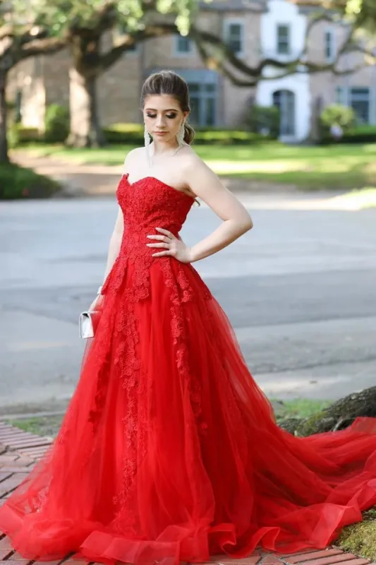 Gorgeous Long Red Lace Prom Dresses Sweetheart Strapless Evening Gown sold by My Chic Dress