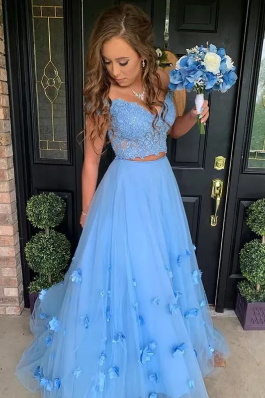Light Blue 2 Piece Prom Dresses Off the Shoulder Flower Long Evening Gowns sold by My Chic Dress