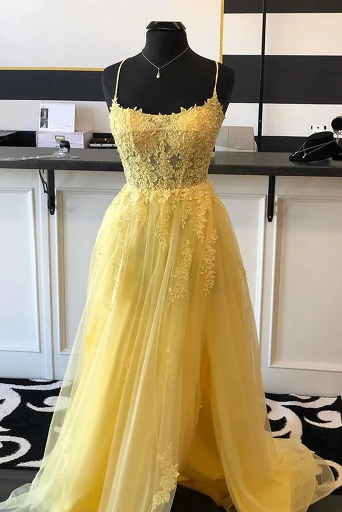 Yellow Prom Dresses Lace Floral A Line Open Back Split Formal Evening Gowns sold by My Chic Dress product image thumbnail 3