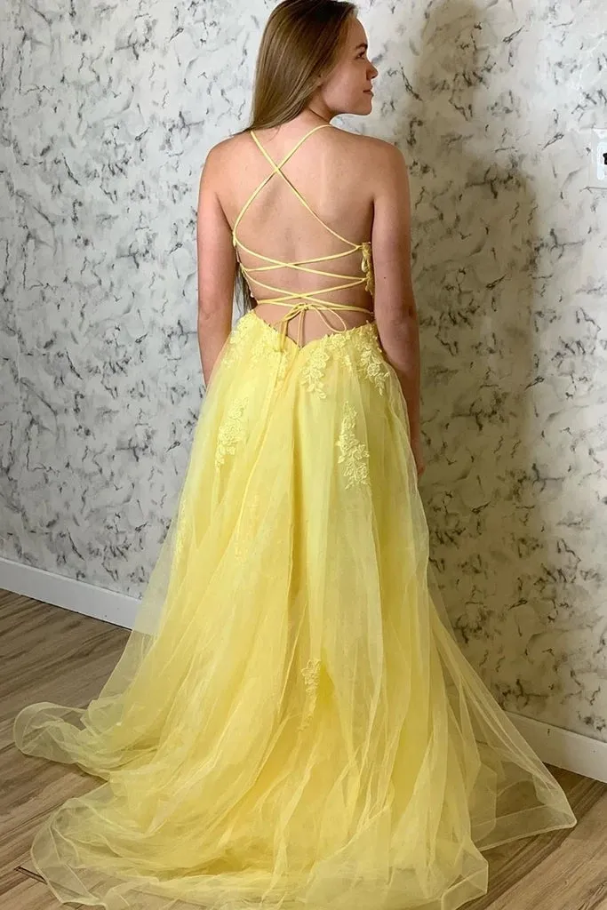 Yellow Prom Dresses Lace Floral A Line Open Back Split Formal Evening Gowns sold by My Chic Dress product image thumbnail 2