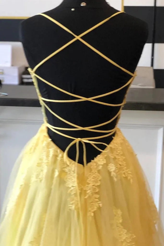 Yellow Prom Dresses Lace Floral A Line Open Back Split Formal Evening Gowns sold by My Chic Dress product image thumbnail 4