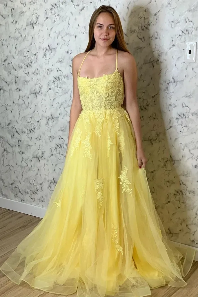 Yellow Prom Dresses Lace Floral A Line Open Back Split Formal Evening Gowns sold by My Chic Dress