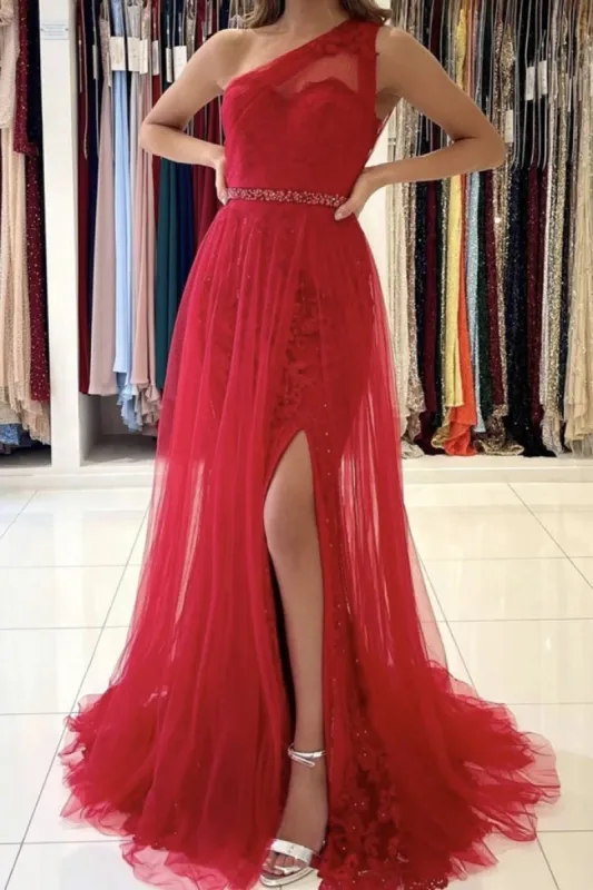Red Lace Tulle Prom Dresses One Shoulder Mermaid Evening Dresses Sequin Belt sold by My Chic Dress