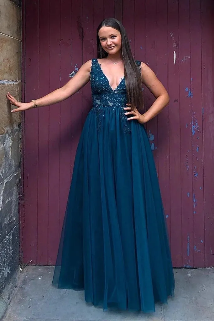 Floor Length Blue Lace Tulle Prom Dresses V Neck Long Formal Dress sold by My Chic Dress
