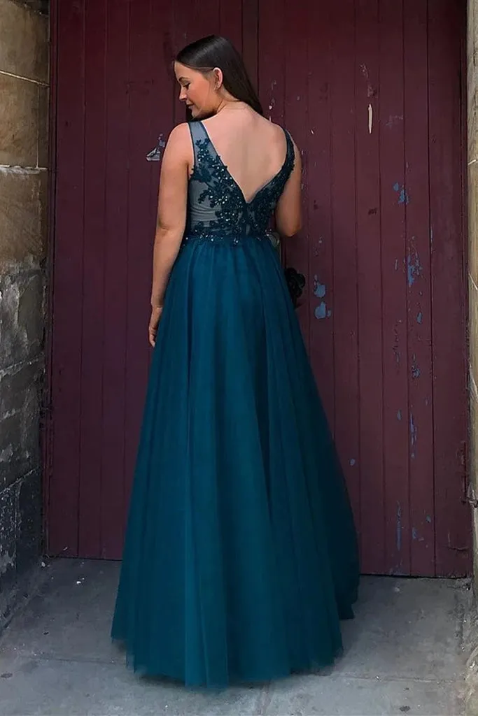 Floor Length Blue Lace Tulle Prom Dresses V Neck Long Formal Dress sold by My Chic Dress product image thumbnail 3
