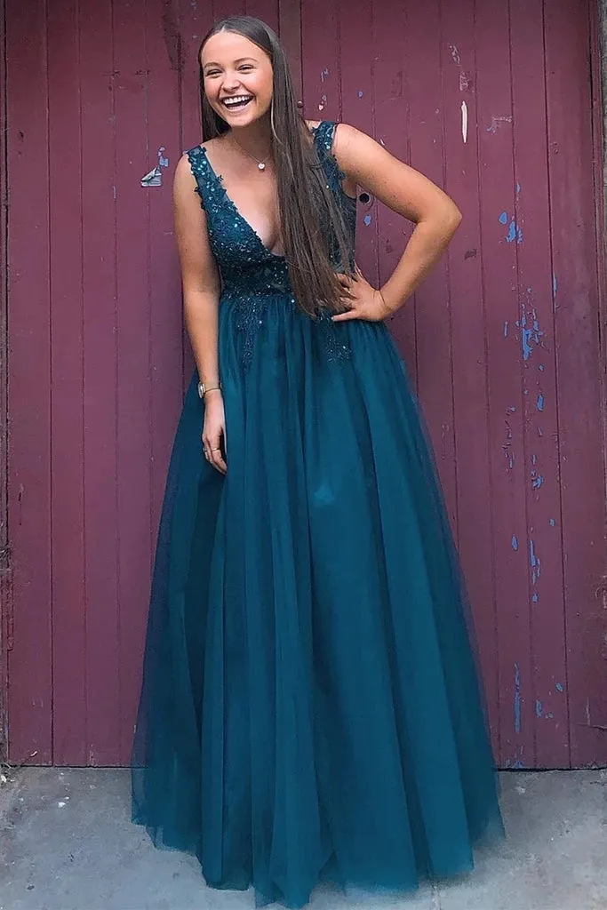 Floor Length Blue Lace Tulle Prom Dresses V Neck Long Formal Dress sold by My Chic Dress product image thumbnail 2