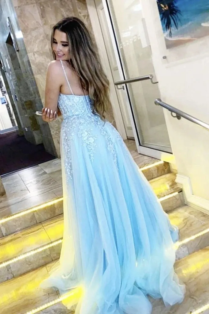 2025 Light Blue Prom Dresses V Neck Appliques Lace Evening Dress sold by My Chic Dress product image thumbnail 2