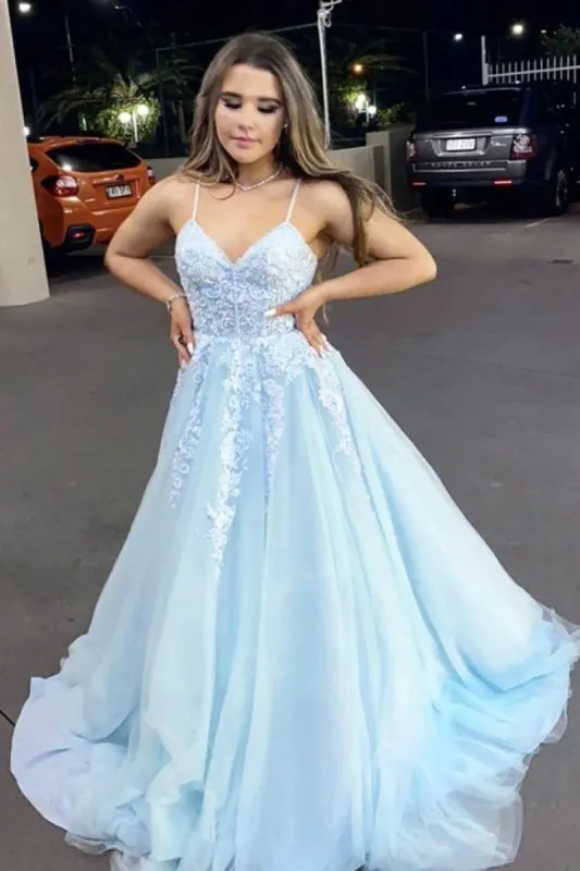 2025 Light Blue Prom Dresses V Neck Appliques Lace Evening Dress sold by My Chic Dress
