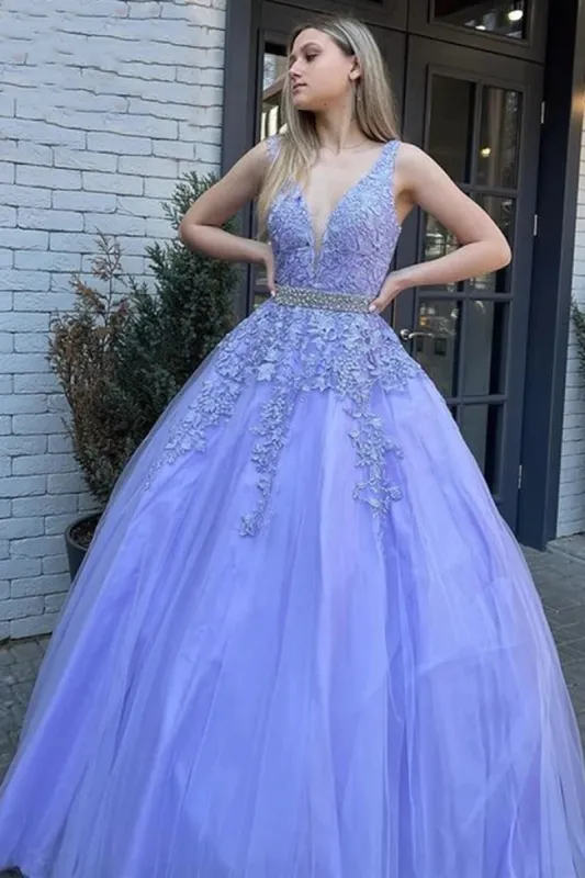 2025 Lavender Lace Prom Dresses Sleeveless V Neck Formal Gowns sold by My Chic Dress