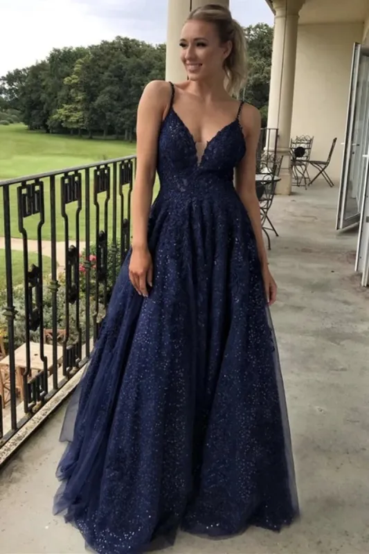 2025 Lace Navy Blue Prom Dresses with Sequins Formal Graduation Dresses sold by My Chic Dress
