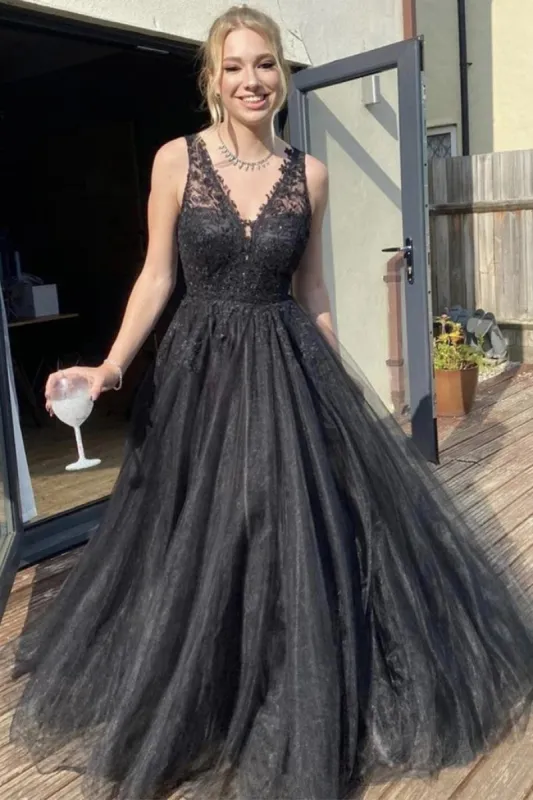 Black Lace Long PromDresses 2025 Tulle V Neck A Line Formal Dresses sold by My Chic Dress