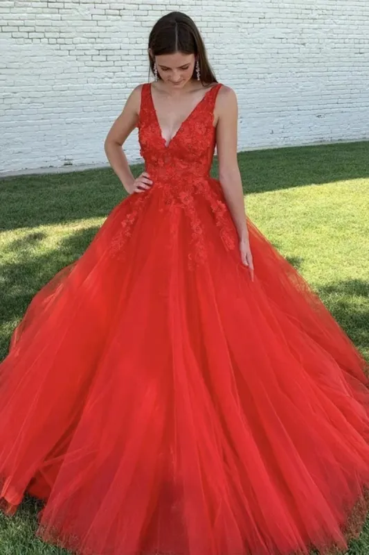 A Line 2025 Red Prom Dresses Lace V Neck Long Graduation 16 Dresses sold by My Chic Dress