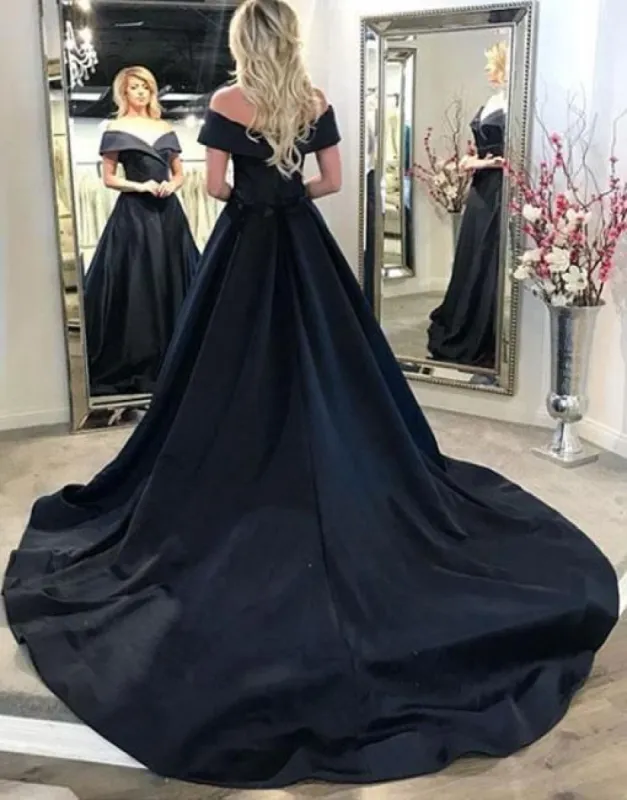 Cheap Off the Shoulder Satin Black Evening Gowns A Line Prom Dresses sold by My Chic Dress