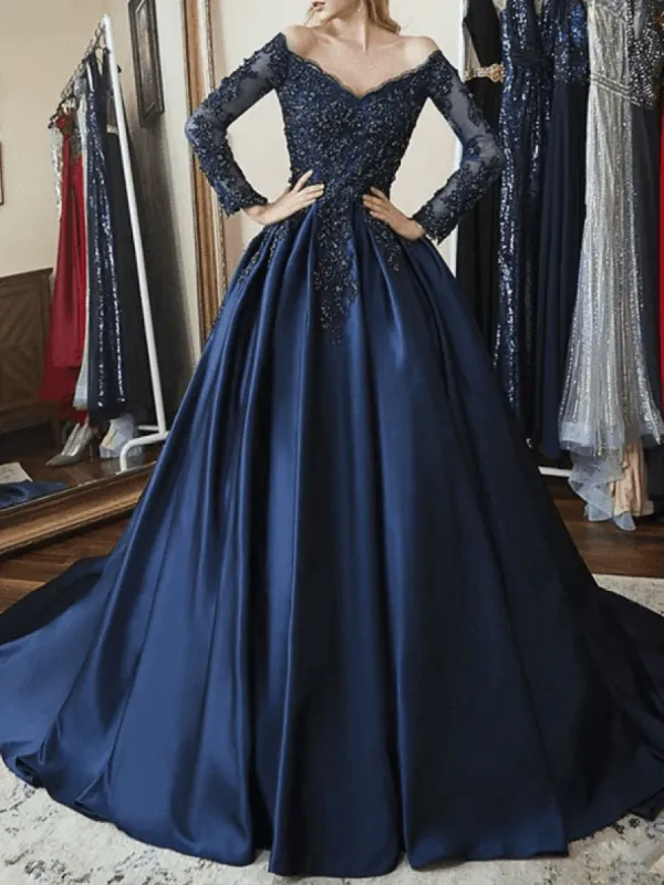 2025 A Line Prom Dresses Navy Blue Long Sleeves Appliques V Neck Evening Gown sold by My Chic Dress
