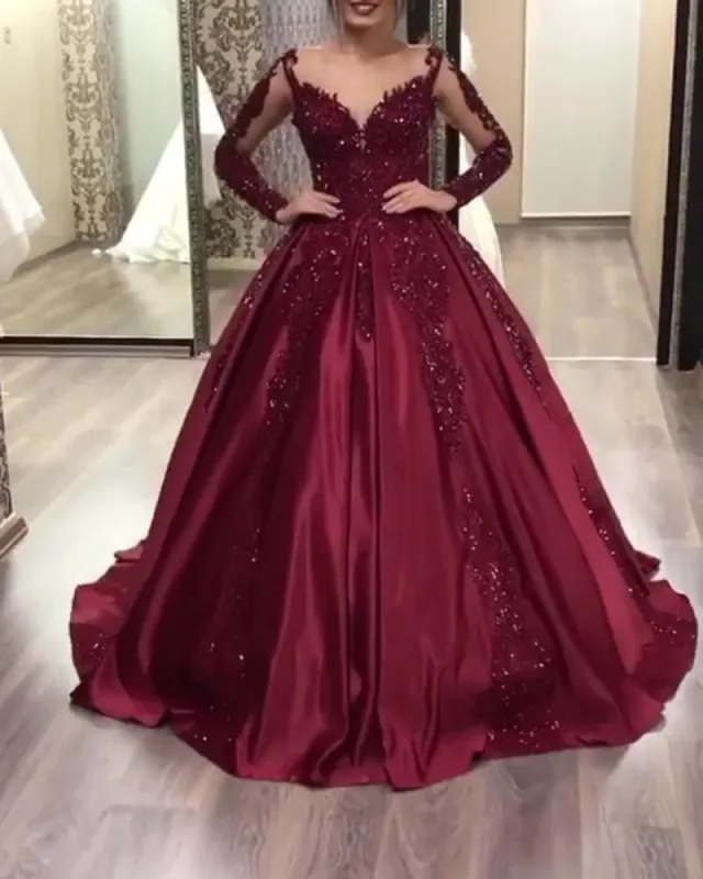 2025 Burgundy Long Sleeves Satin Prom Dresses Ball Gown Sweet 16 Dresses sold by My Chic Dress
