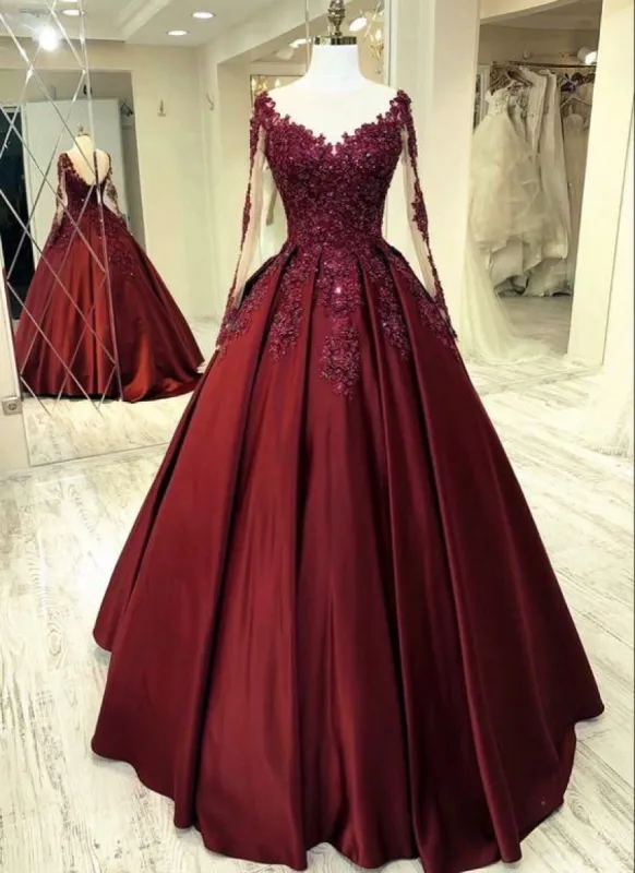 Long Sleeves Ball Gown Lace Appliques Prom Dresses Burgundy Evening Dress sold by My Chic Dress