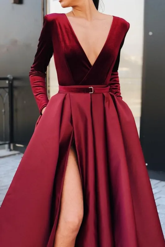 Burgundy Long Sleeves Prom Dresses 2025 with Pocket V Neck Evening Dresses sold by My Chic Dress