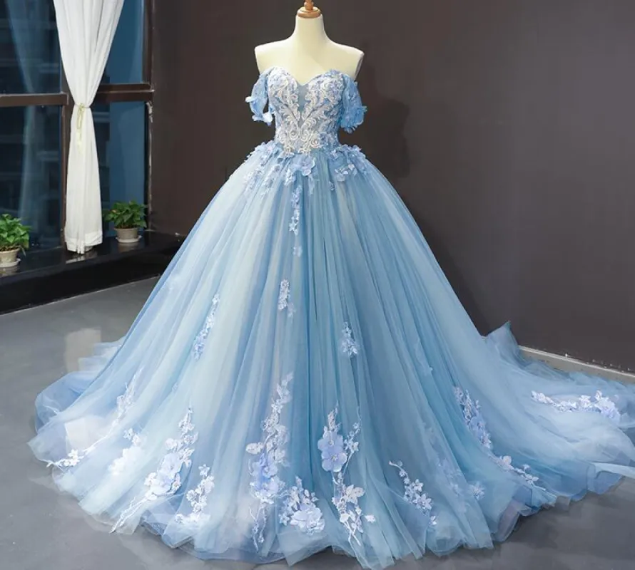 Sweet 16 Blue Quinceanera Dresses Ball Gown Prom Dresses Off the Shoulder sold by My Chic Dress